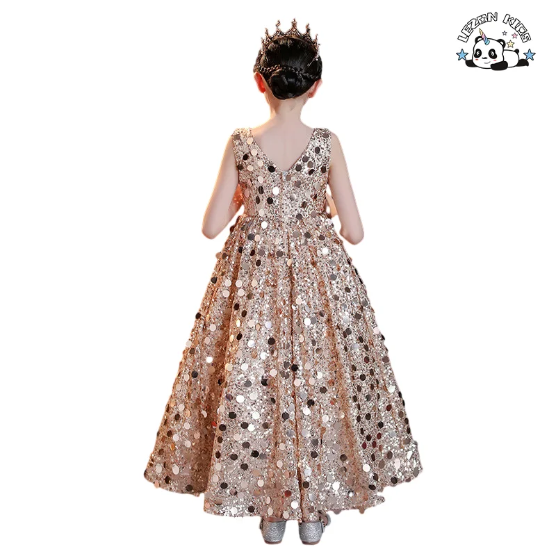 LEZONKIDS - 2024 Most Popular Sleeveless V Neck Fashion Sequined Long Party Dress Performance Girls Dress